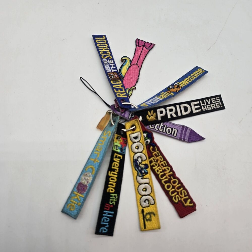 Embroidered Keychains Lot Of 9 Total Novelty Student Colorful Fun 3" School